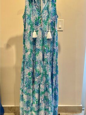 Lilly Pulitzer Malone Blue Green Floral Sleeveless Maxi with Tassel Tie